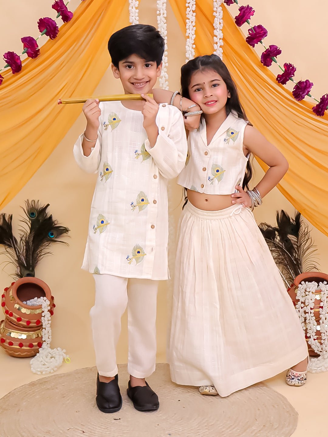 Mayur Dhaga White Cotton Ethnic Kurta Pajama And Lehenga Twinning Combo Of 2