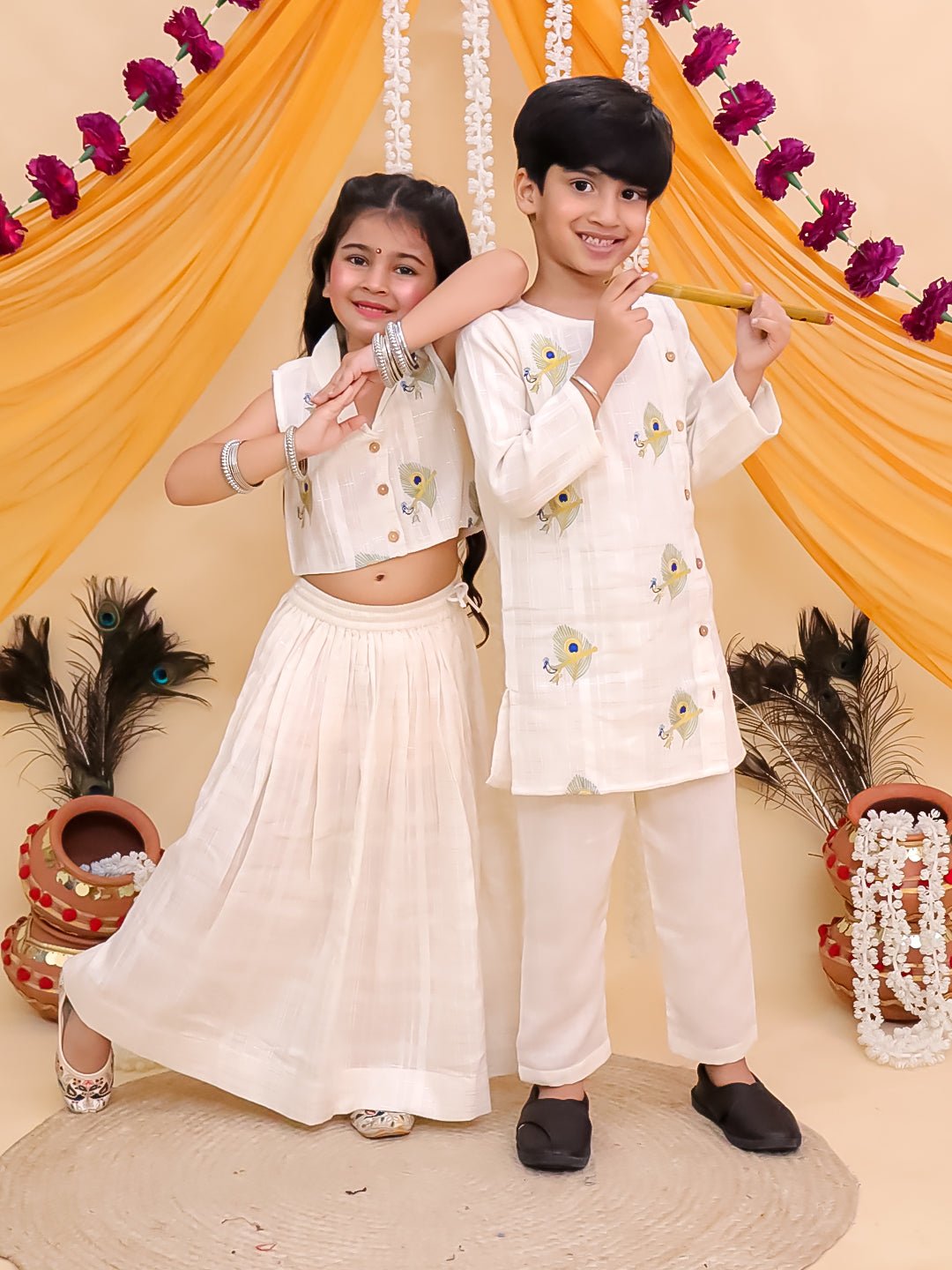 Mayur Dhaga White Cotton Ethnic Kurta Pajama And Lehenga Twinning Combo Of 2