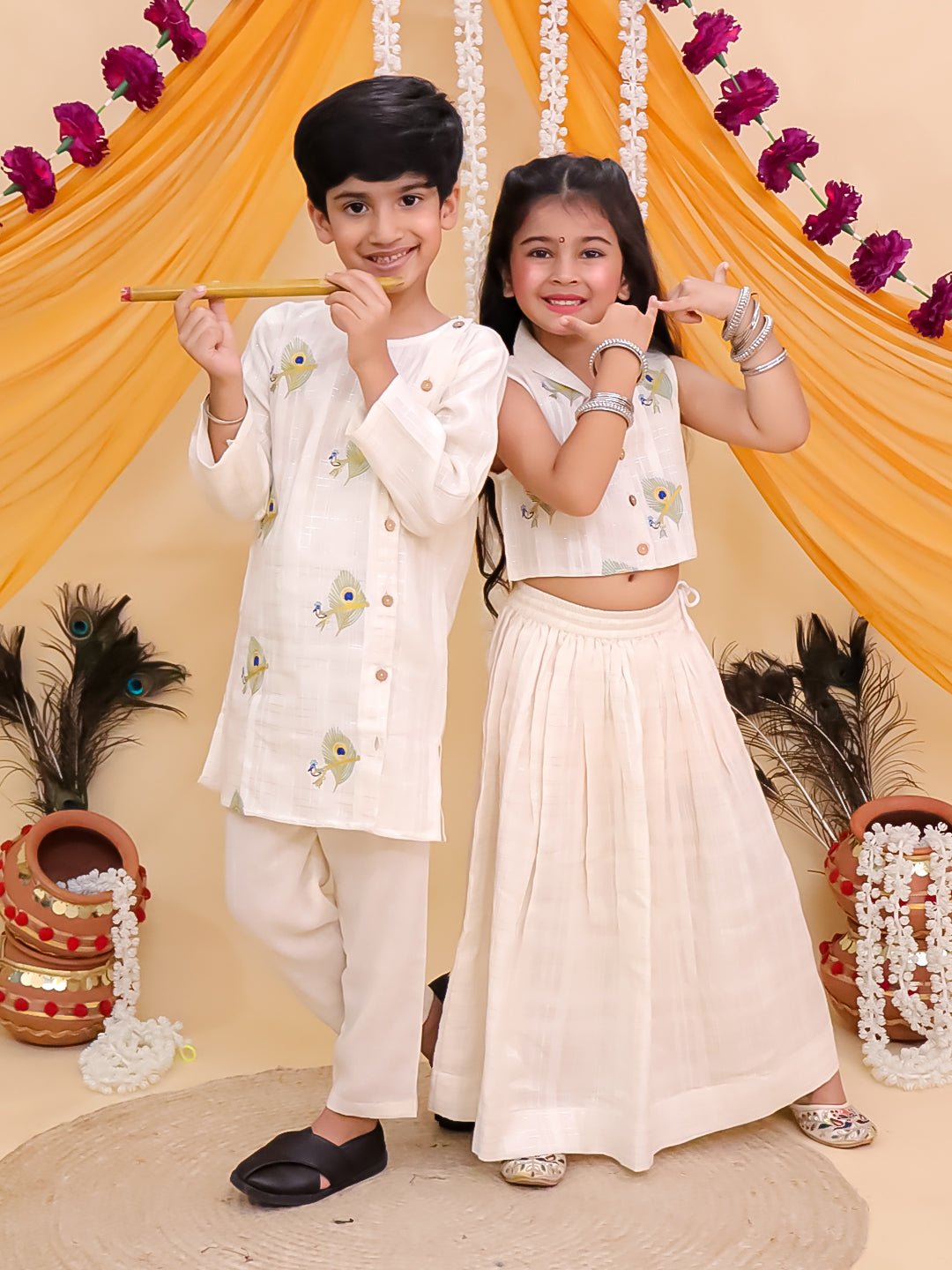 Mayur Dhaga White Cotton Ethnic Kurta Pajama And Lehenga Twinning Combo Of 2
