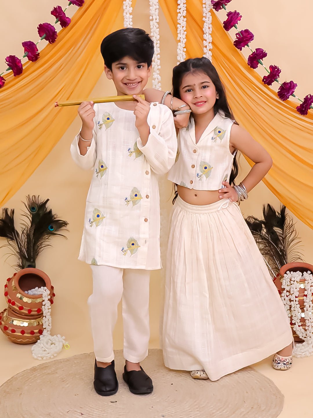 Mayur Dhaga White Cotton Ethnic Kurta Pajama And Lehenga Twinning Combo Of 2
