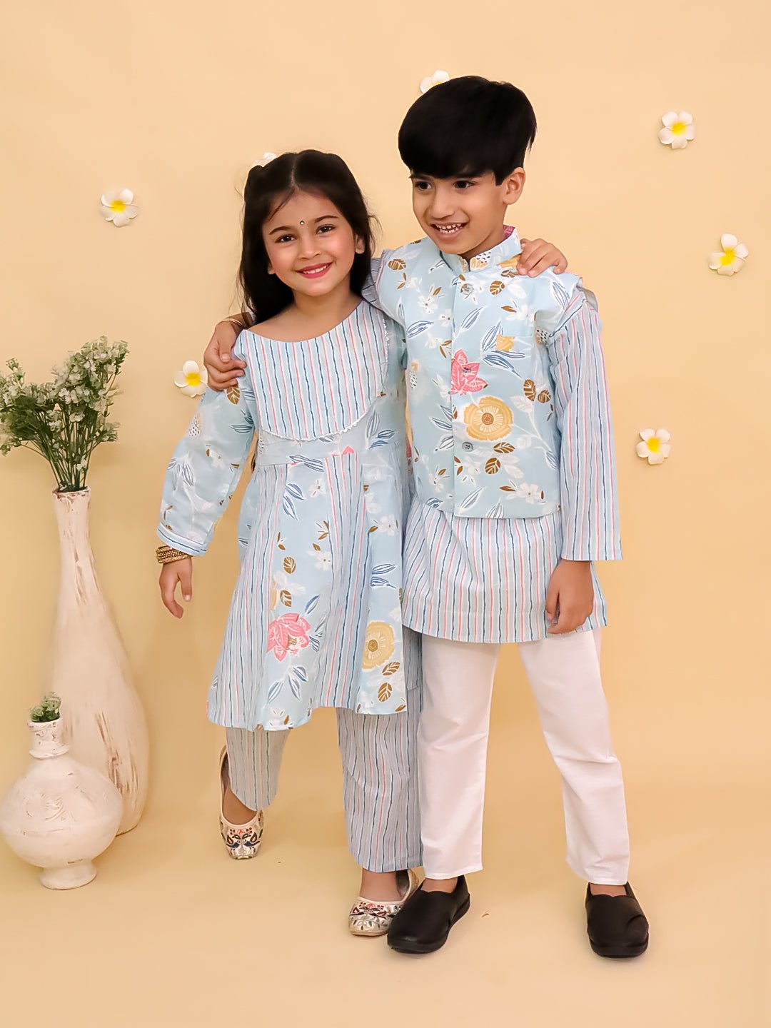 Megh Malhaar Girls Anarkali Kurta And Boys Jacket Kurta Pajama Twinning Combo Of 2