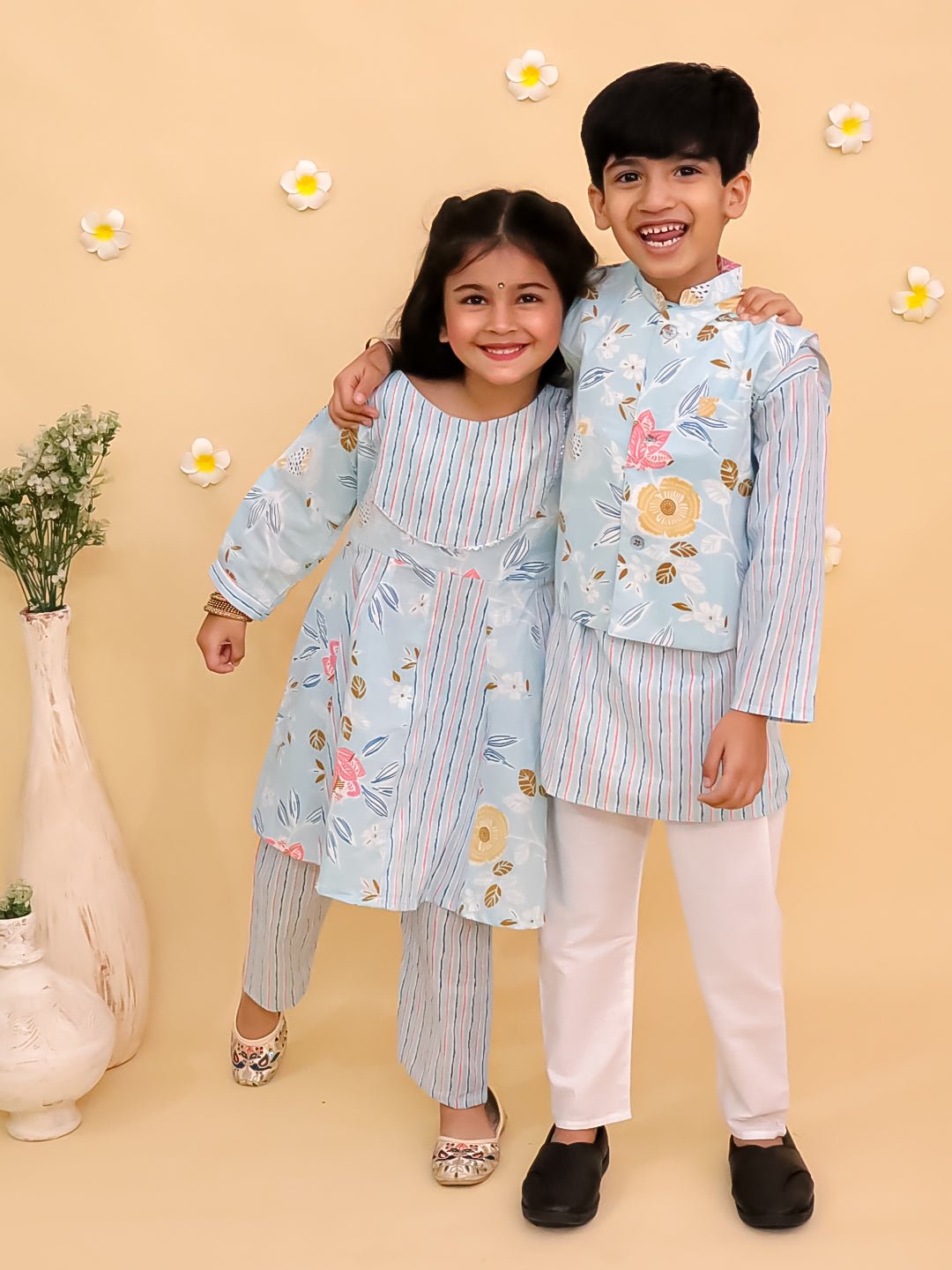 Megh Malhaar Girls Anarkali Kurta And Boys Jacket Kurta Pajama Twinning Combo Of 2