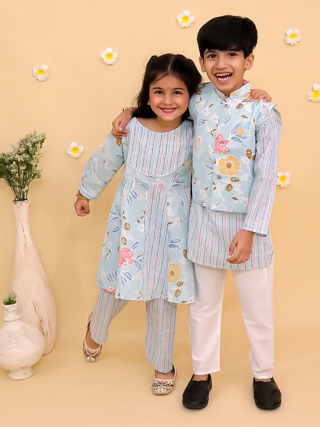 Megh Malhaar Girls Anarkali Kurta And Boys Jacket Kurta Pajama Twinning Combo Of 2