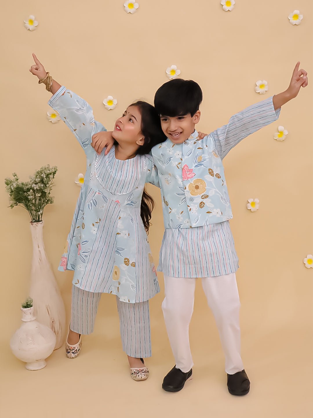Megh Malhaar Girls Anarkali Kurta And Boys Jacket Kurta Pajama Twinning Combo Of 2