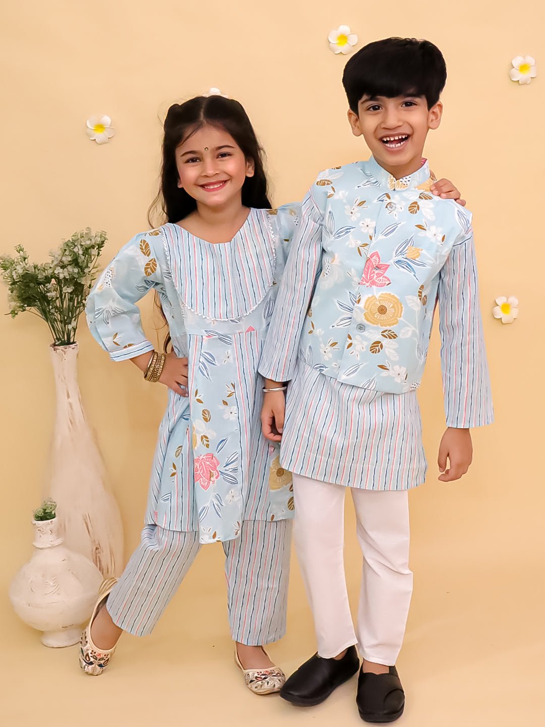Megh Malhaar Girls Anarkali Kurta And Boys Jacket Kurta Pajama Twinning Combo Of 2