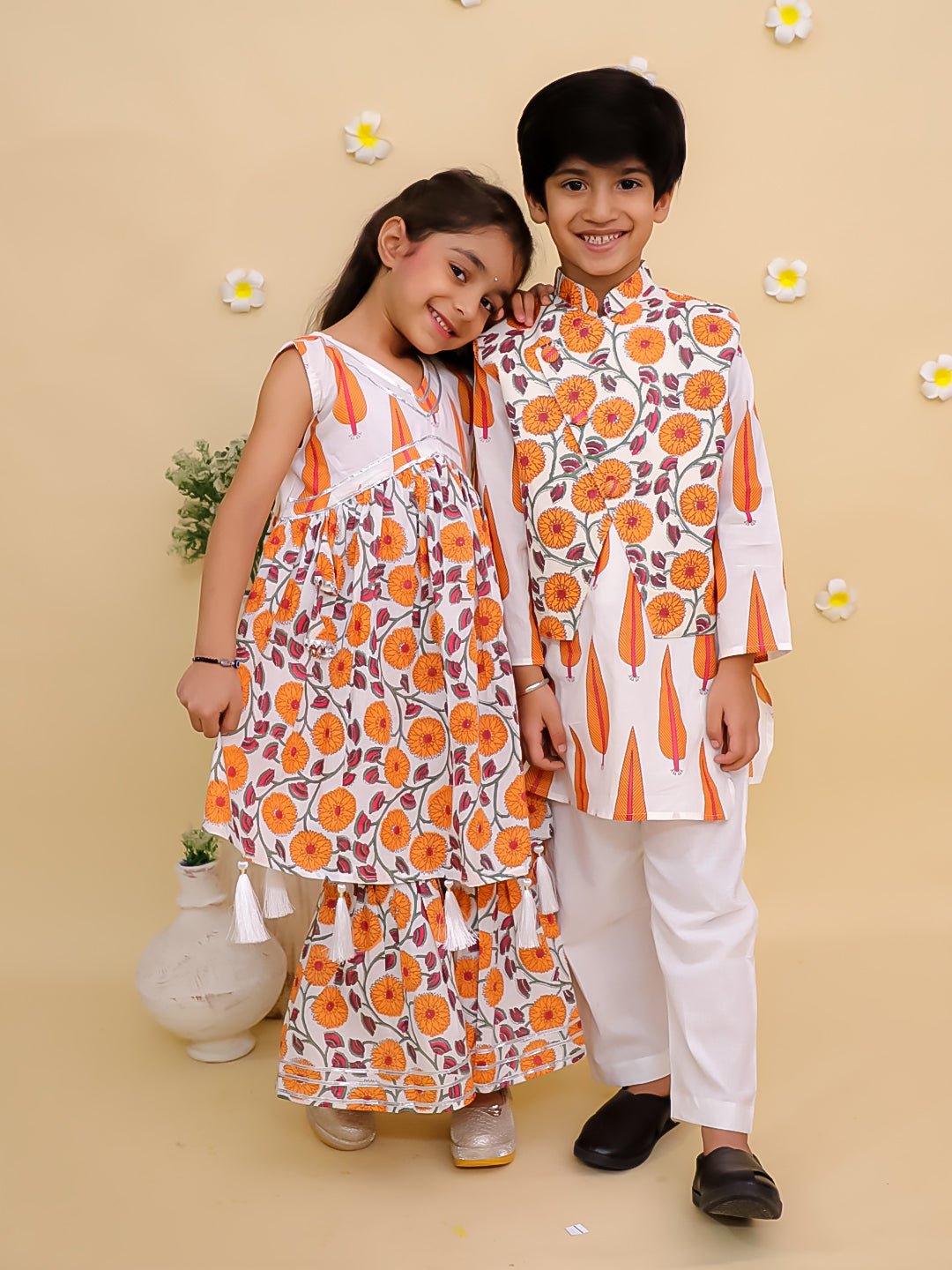 Narangi Girls Anarkali Kurta Sharara And Boys Jacket Kurta Pajama Twinning Combo Of 2