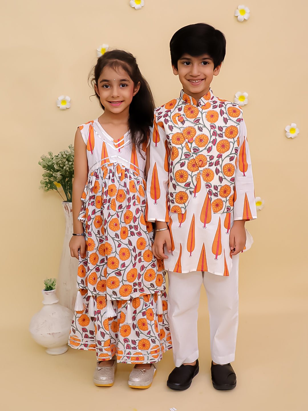 Narangi Girls Anarkali Kurta Sharara And Boys Jacket Kurta Pajama Twinning Combo Of 2