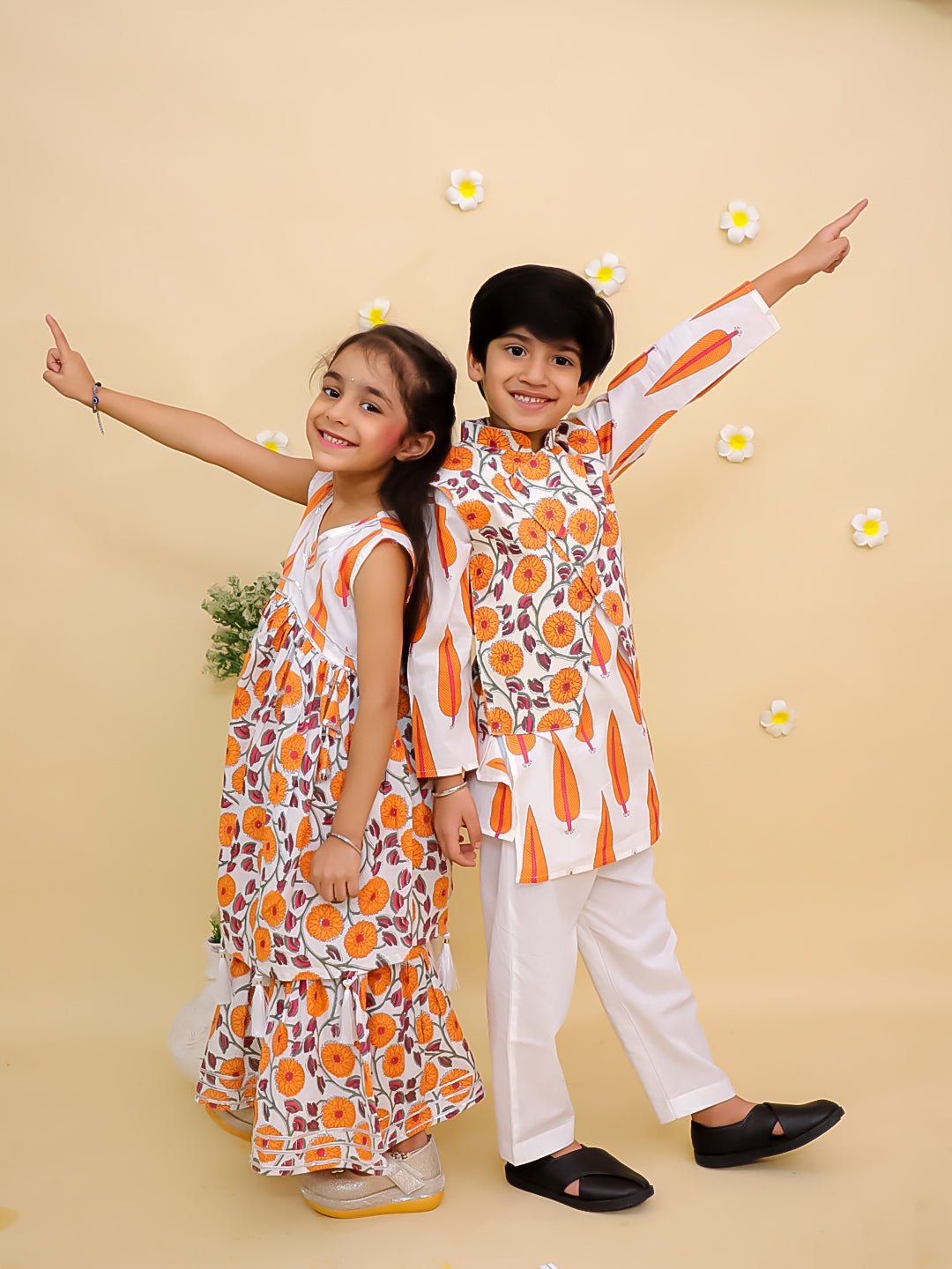 Narangi Girls Anarkali Kurta Sharara And Boys Jacket Kurta Pajama Twinning Combo Of 2