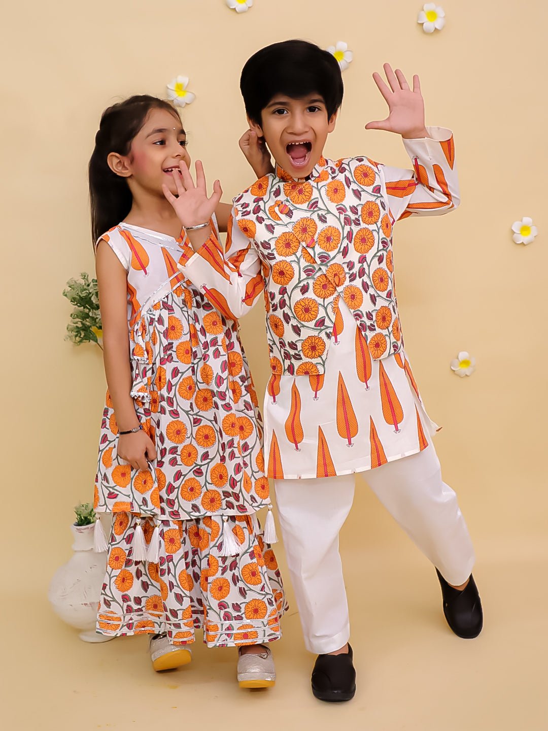 Narangi Girls Anarkali Kurta Sharara And Boys Jacket Kurta Pajama Twinning Combo Of 2