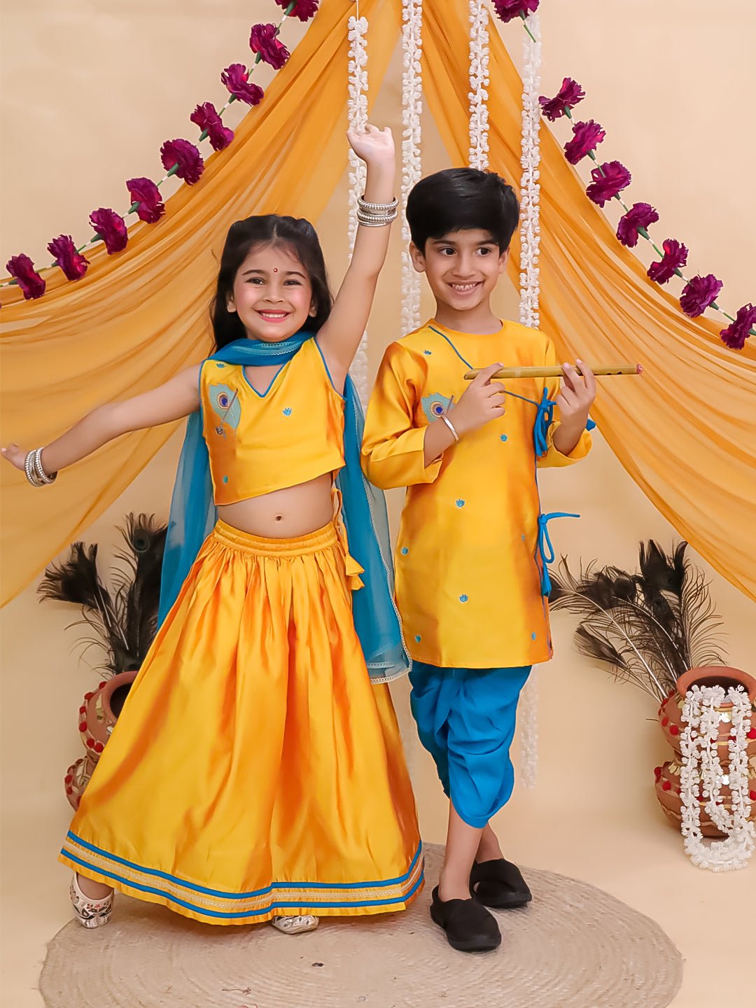Rang Radha Girls Embroidered Lehenga And Vrindavan Vibe Boys Kurta Twinning Combo Of 2