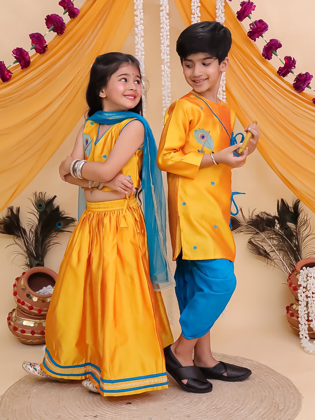 Rang Radha Girls Embroidered Lehenga And Vrindavan Vibe Boys Kurta Twinning Combo Of 2