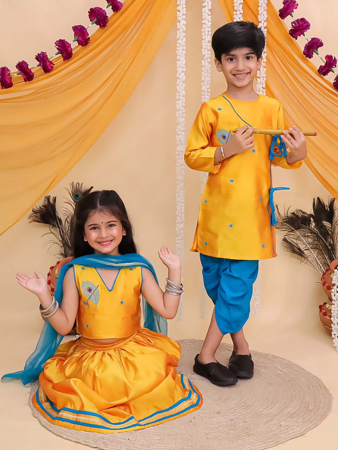 Rang Radha Girls Embroidered Lehenga And Vrindavan Vibe Boys Kurta Twinning Combo Of 2