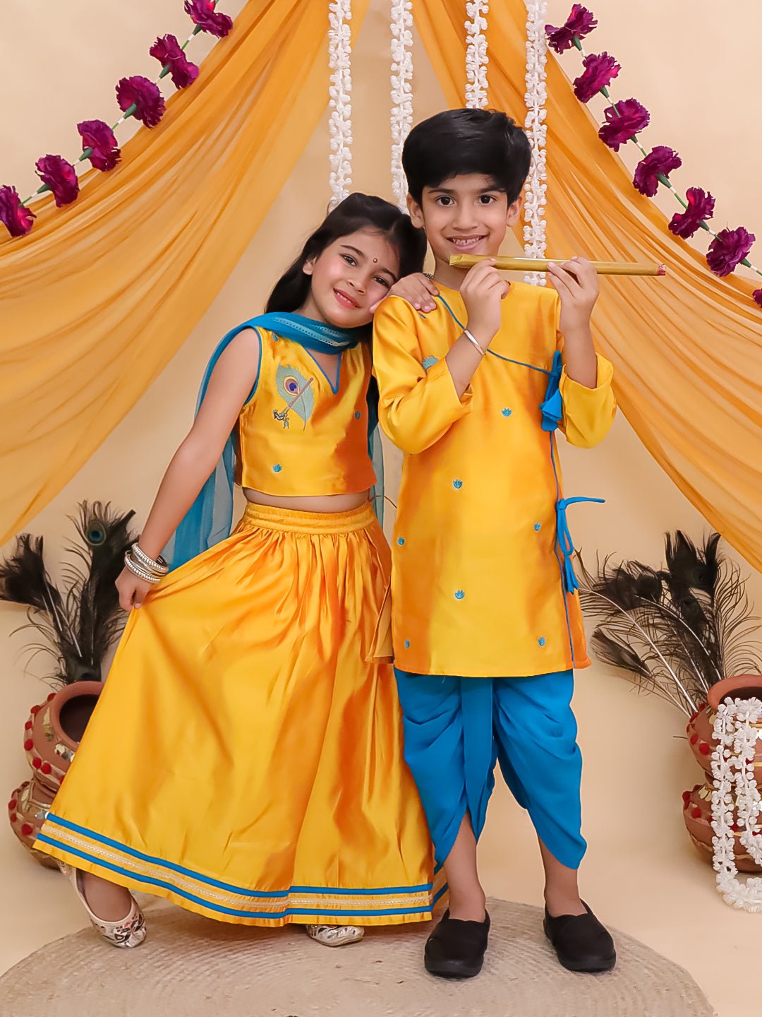 Rang Radha Girls Embroidered Lehenga And Vrindavan Vibe Boys Kurta Twinning Combo Of 2