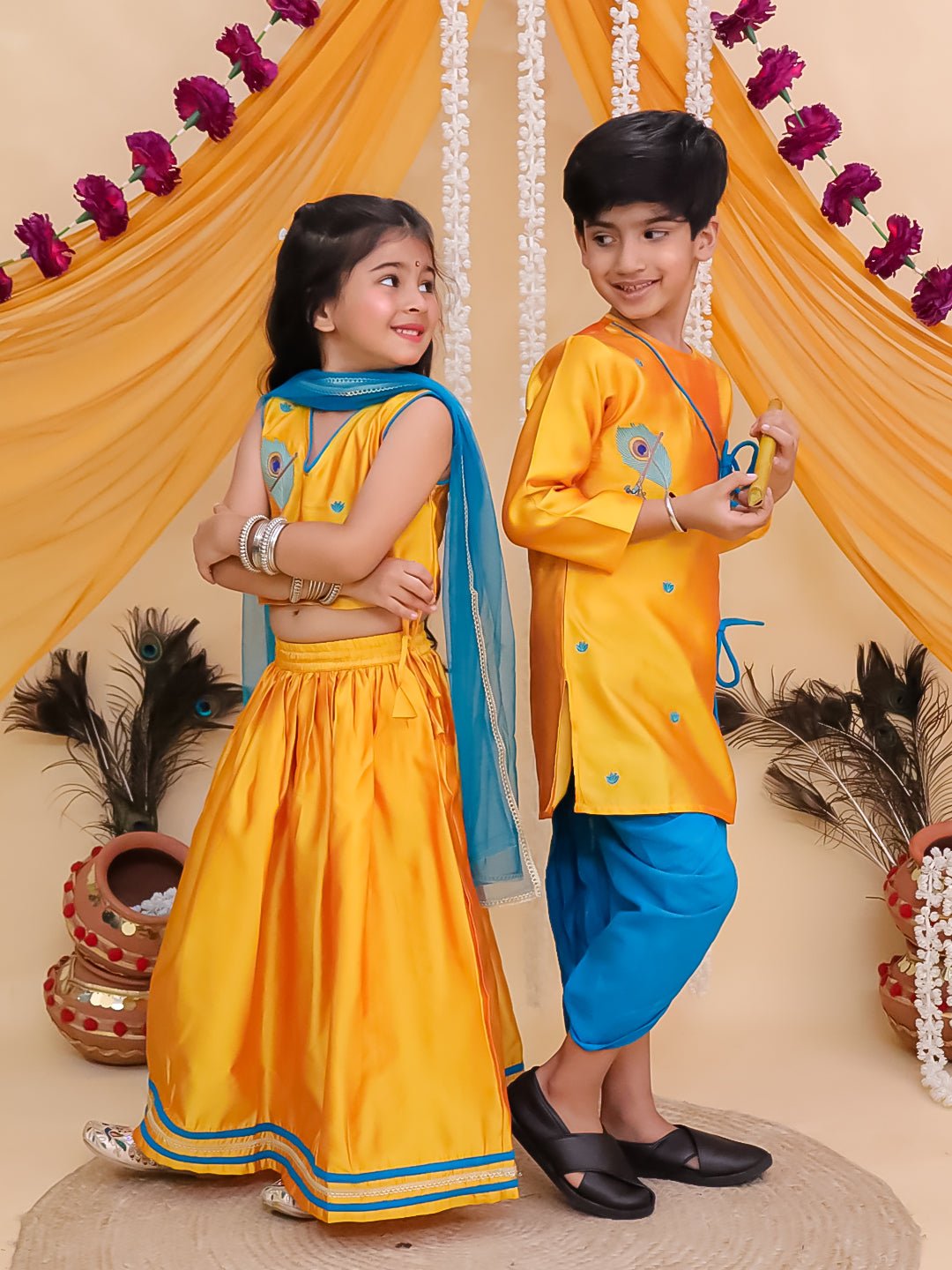 Rang Radha Girls Embroidered Lehenga And Vrindavan Vibe Boys Kurta Twinning Combo Of 2