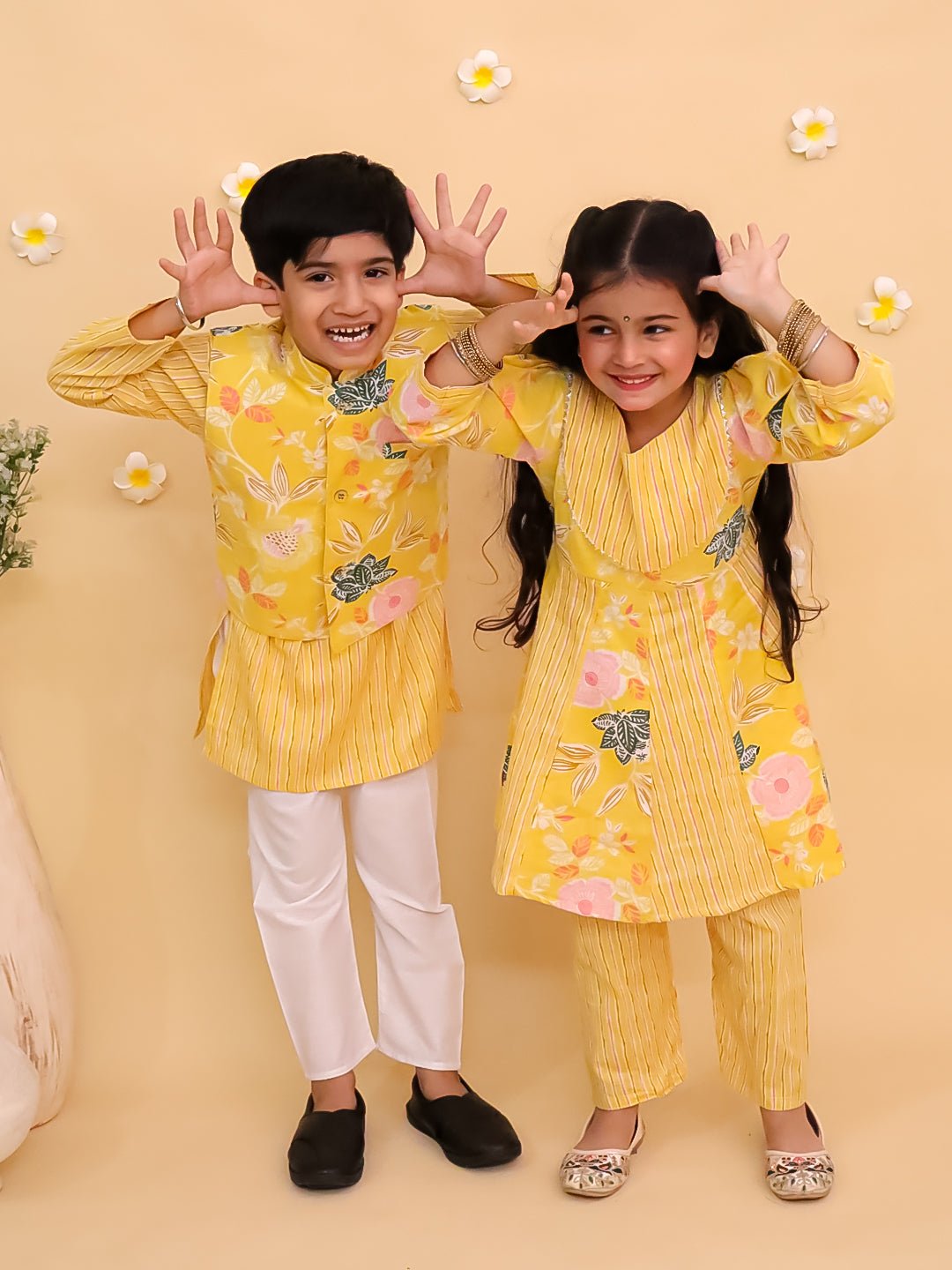 Ray Of Style Girls Anarkali Sharara And Boys Jacket Kurta Pajama Twinning Combo Of 2