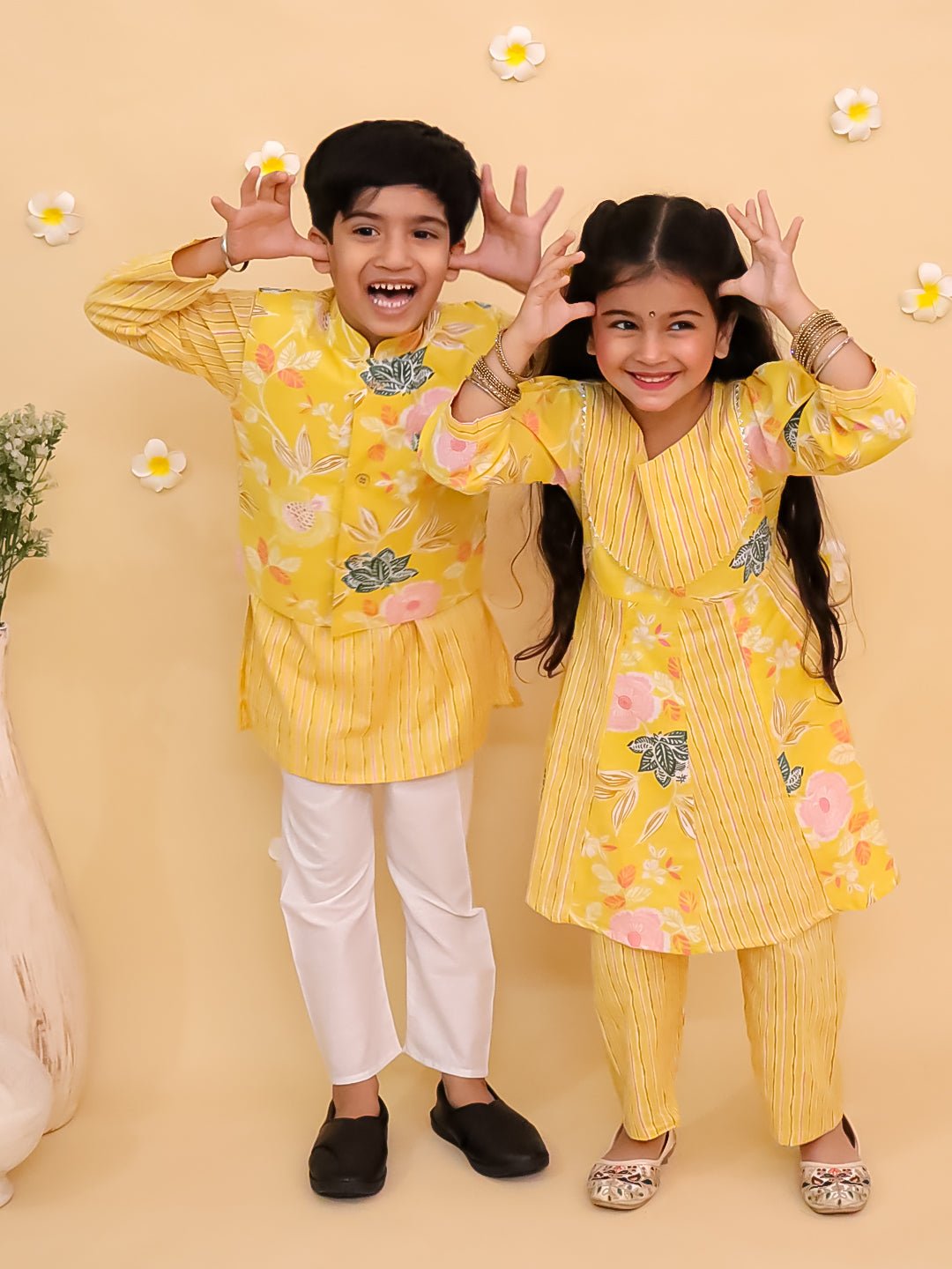 Ray Of Style Girls Anarkali Sharara And Boys Jacket Kurta Pajama Twinning Combo Of 2
