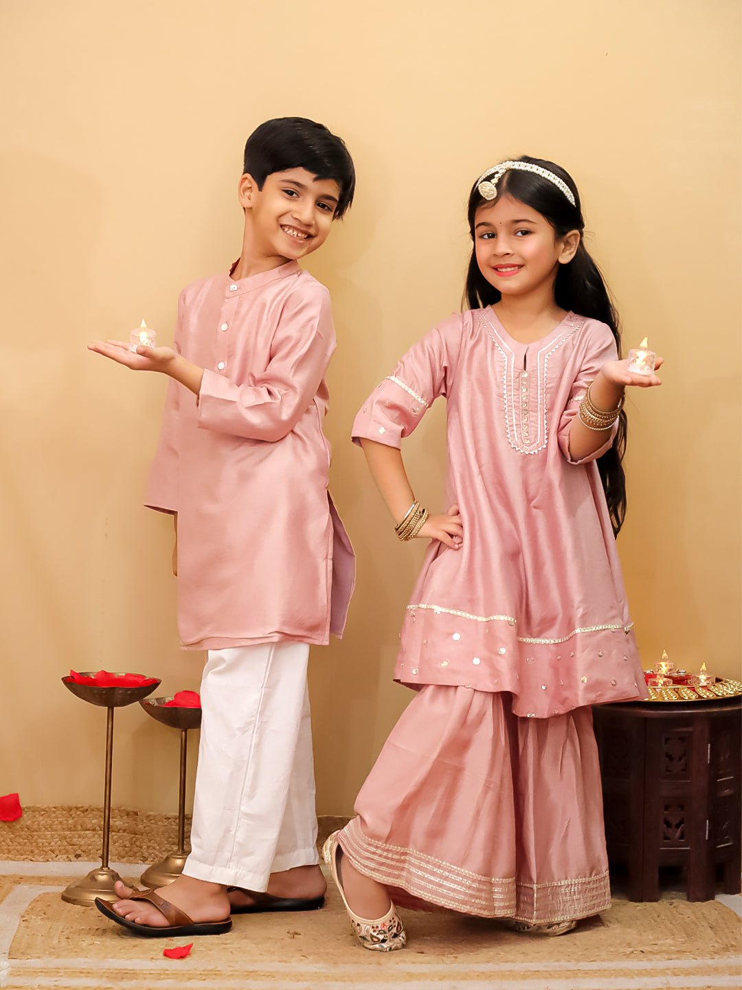 Rosé Radiance Silk Kurta Pajama And Anarkali Sharara Twinning Combo Of 2