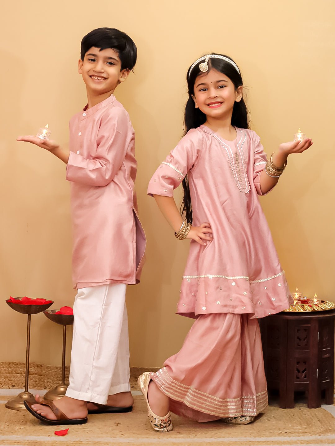 Rosé Radiance Silk Kurta Pajama And Anarkali Sharara Twinning Combo Of 2