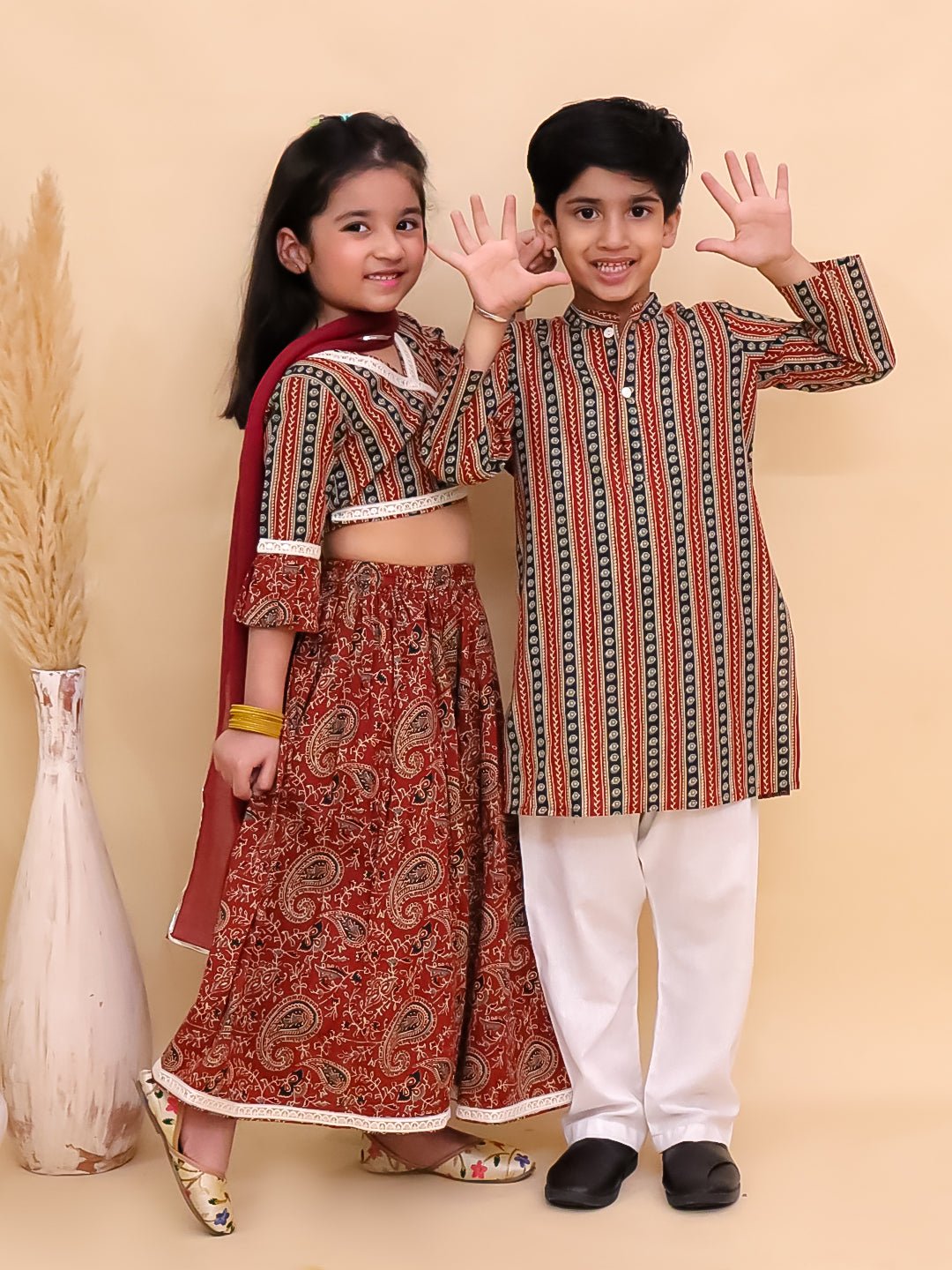 Rust Kalamkari Girls Lehenga And Boys Kurta Twinning Combo Of 2