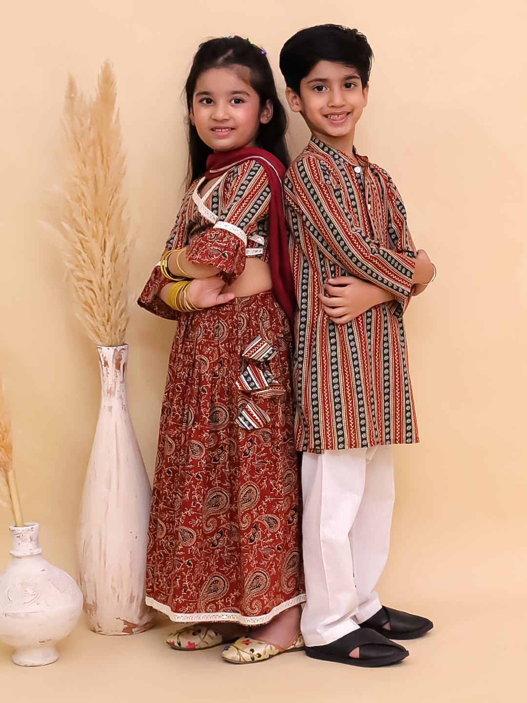 Rust Kalamkari Girls Lehenga And Boys Kurta Twinning Combo Of 2