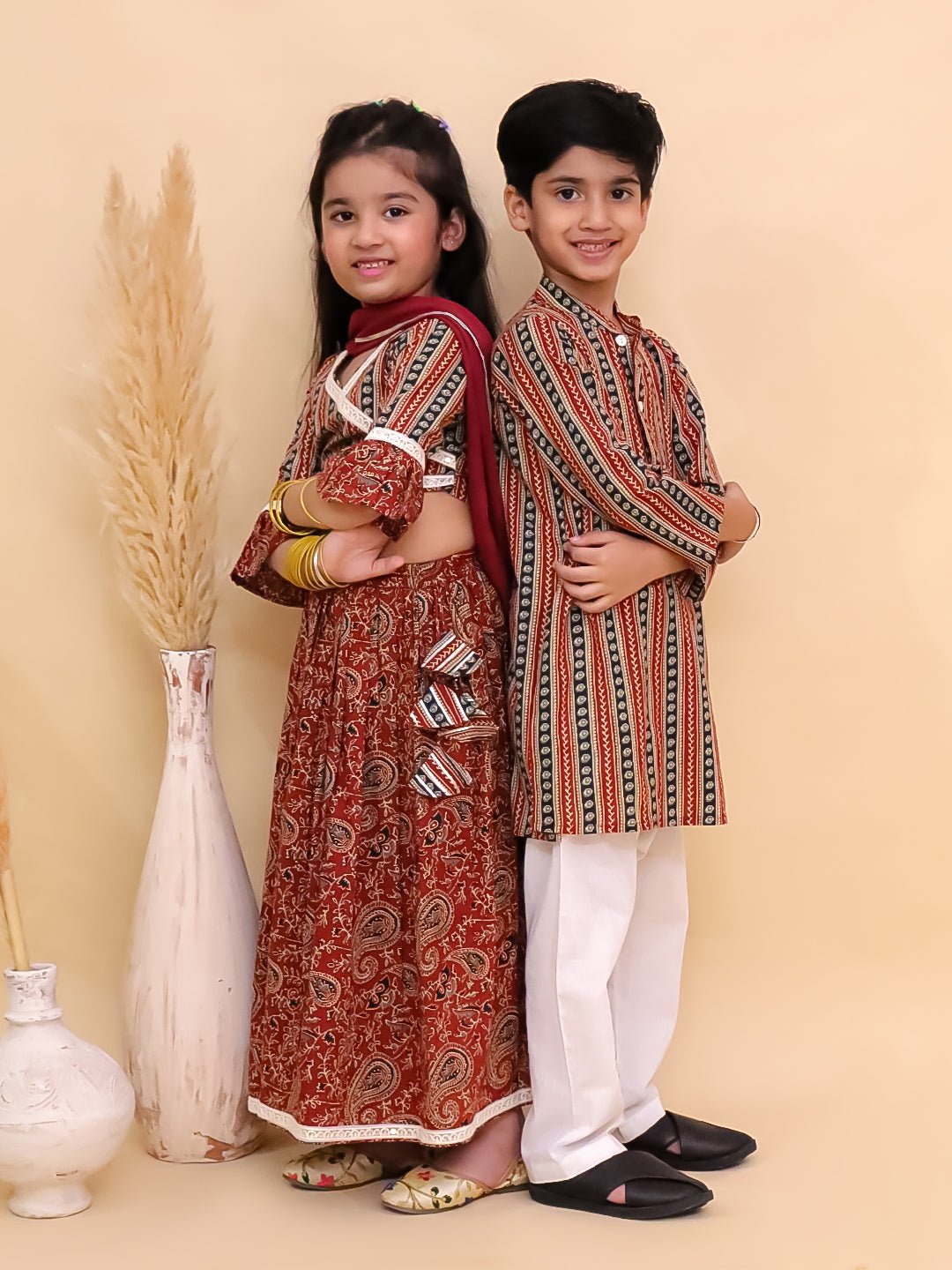 Rust Kalamkari Girls Lehenga And Boys Kurta Twinning Combo Of 2