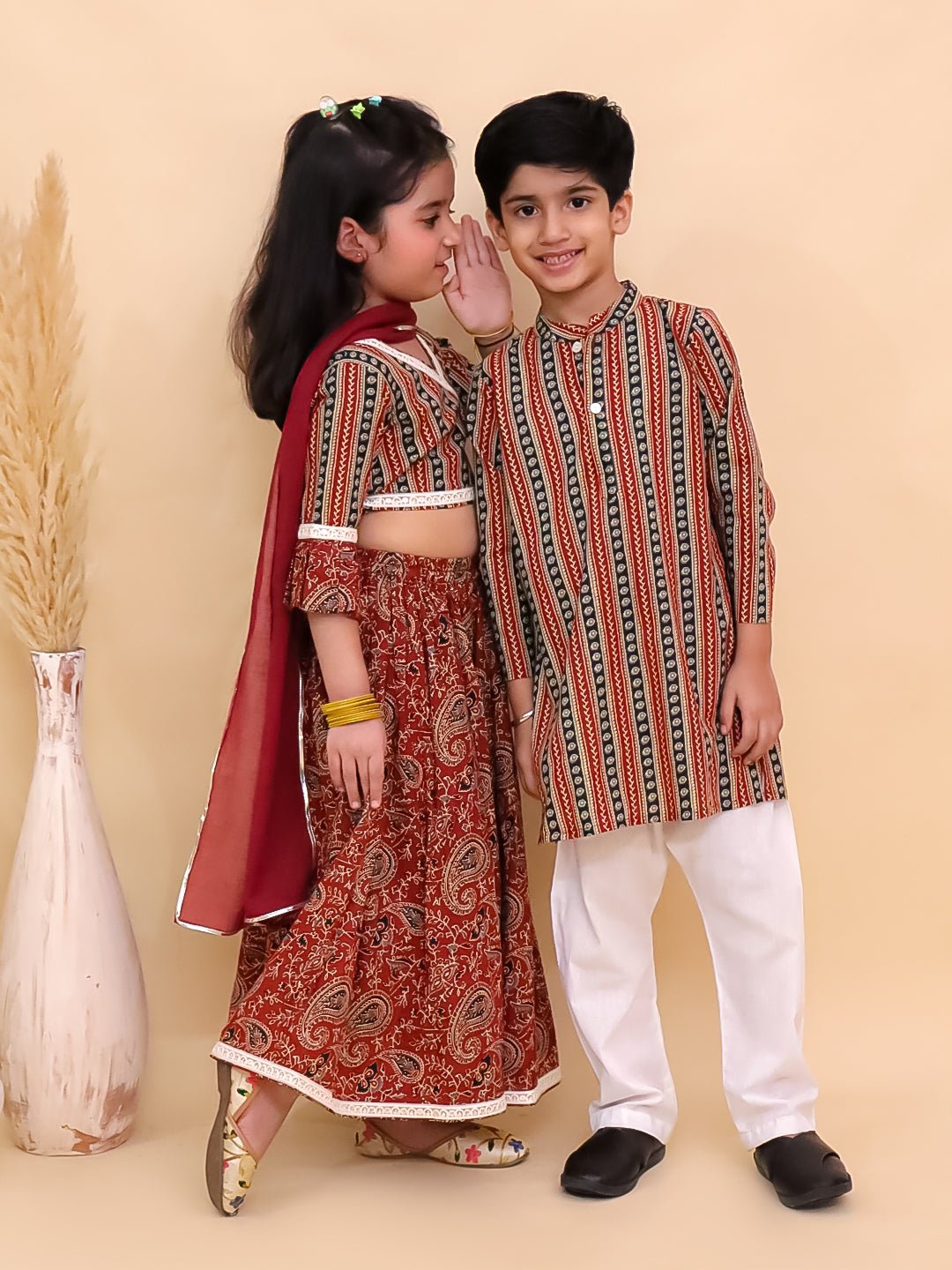 Rust Kalamkari Girls Lehenga And Boys Kurta Twinning Combo Of 2