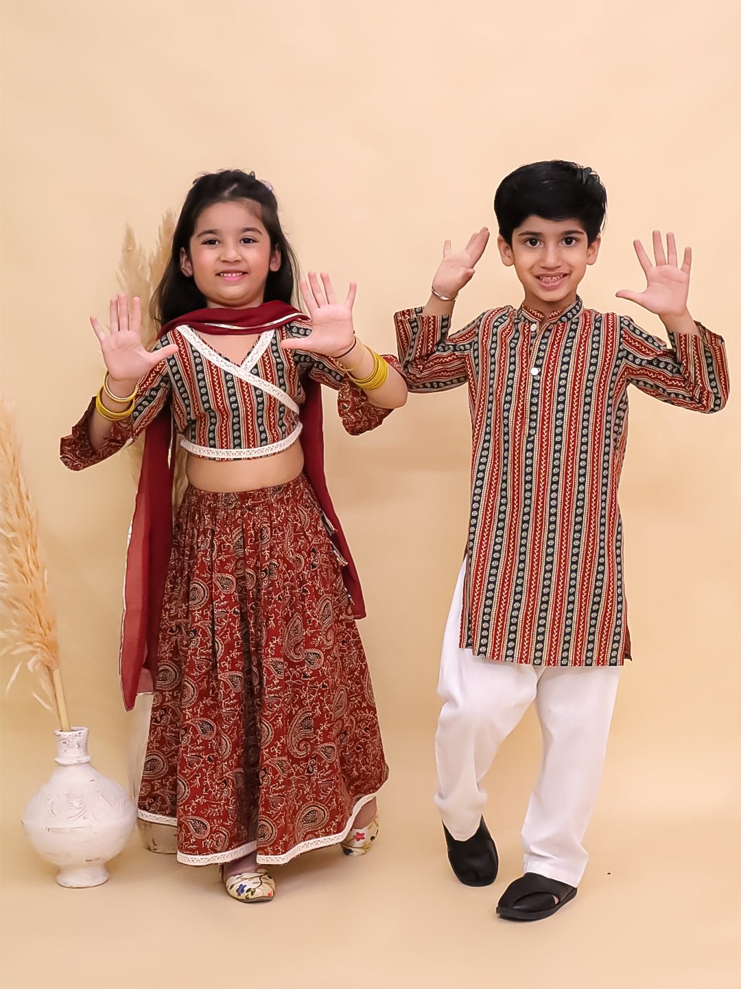 Rust Kalamkari Girls Lehenga And Boys Kurta Twinning Combo Of 2