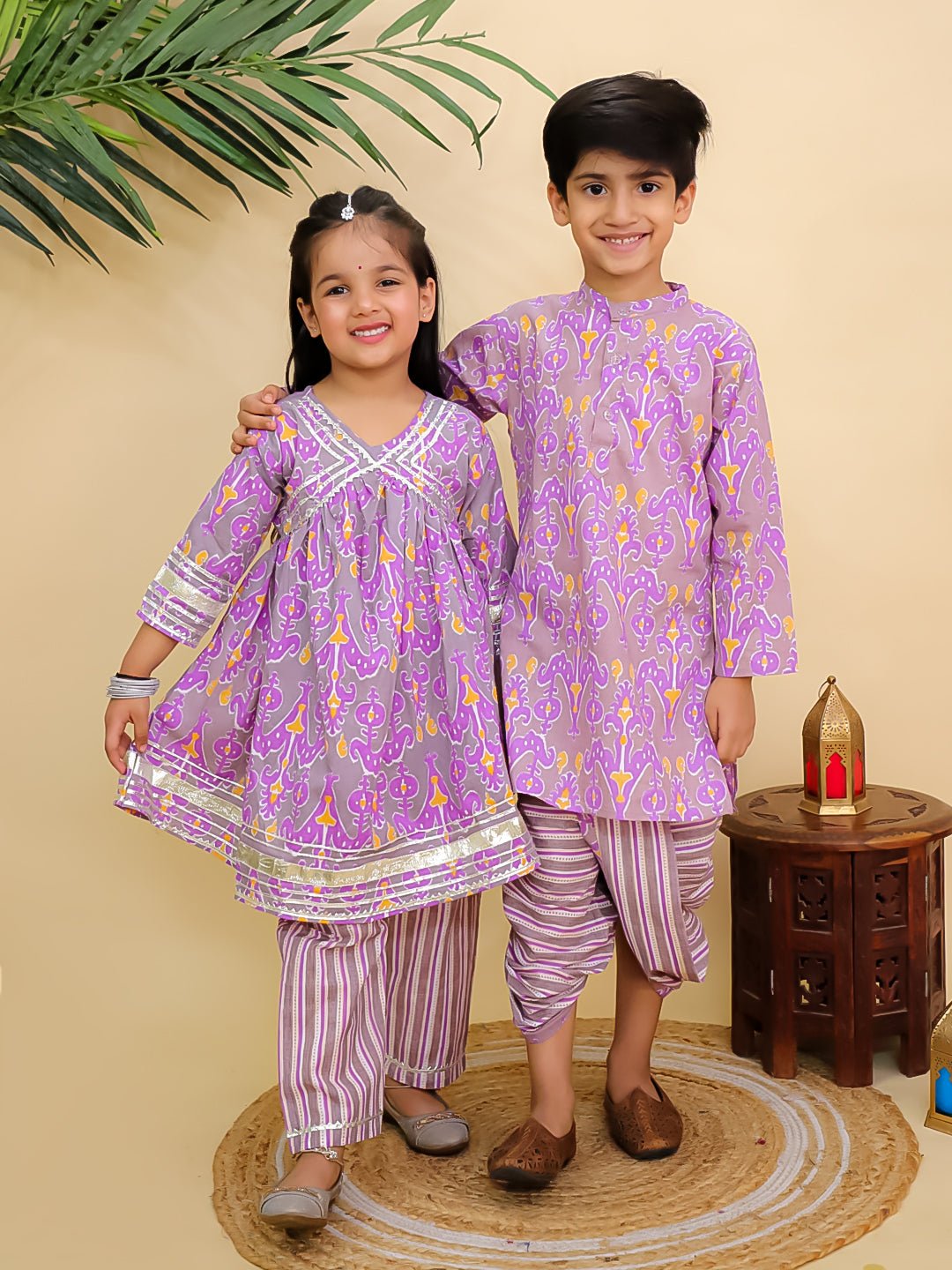 Sage Violet Girls Anarkali Kurta And Boys Dhoti Kurta Twinning Combo Of 2