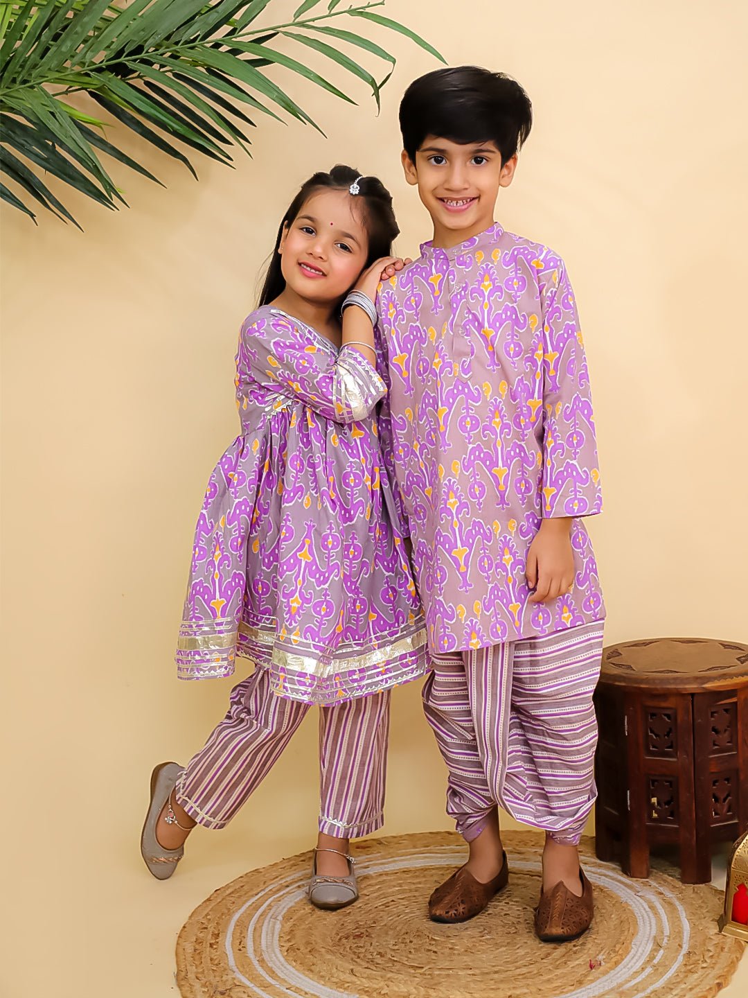 Sage Violet Girls Anarkali Kurta And Boys Dhoti Kurta Twinning Combo Of 2