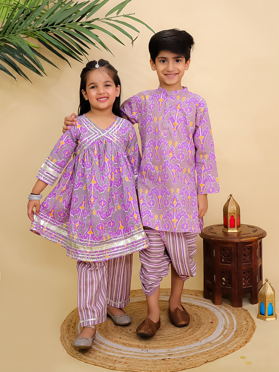Sage Violet Girls Anarkali Kurta And Boys Dhoti Kurta Twinning Combo Of 2