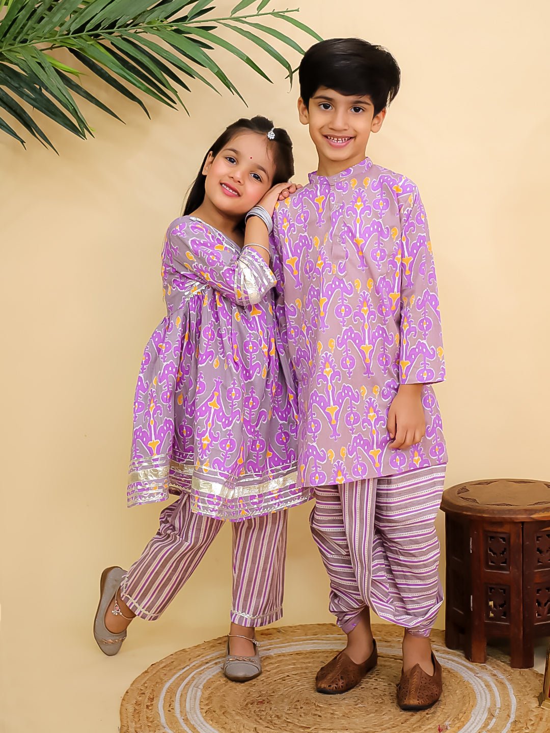Sage Violet Girls Anarkali Kurta And Boys Dhoti Kurta Twinning Combo Of 2