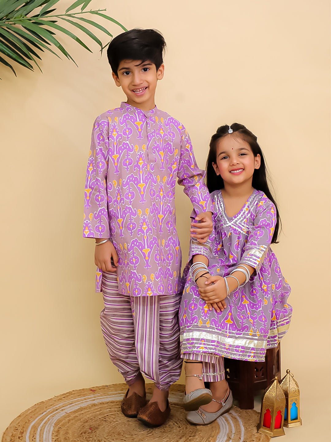 Sage Violet Girls Anarkali Kurta And Boys Dhoti Kurta Twinning Combo Of 2
