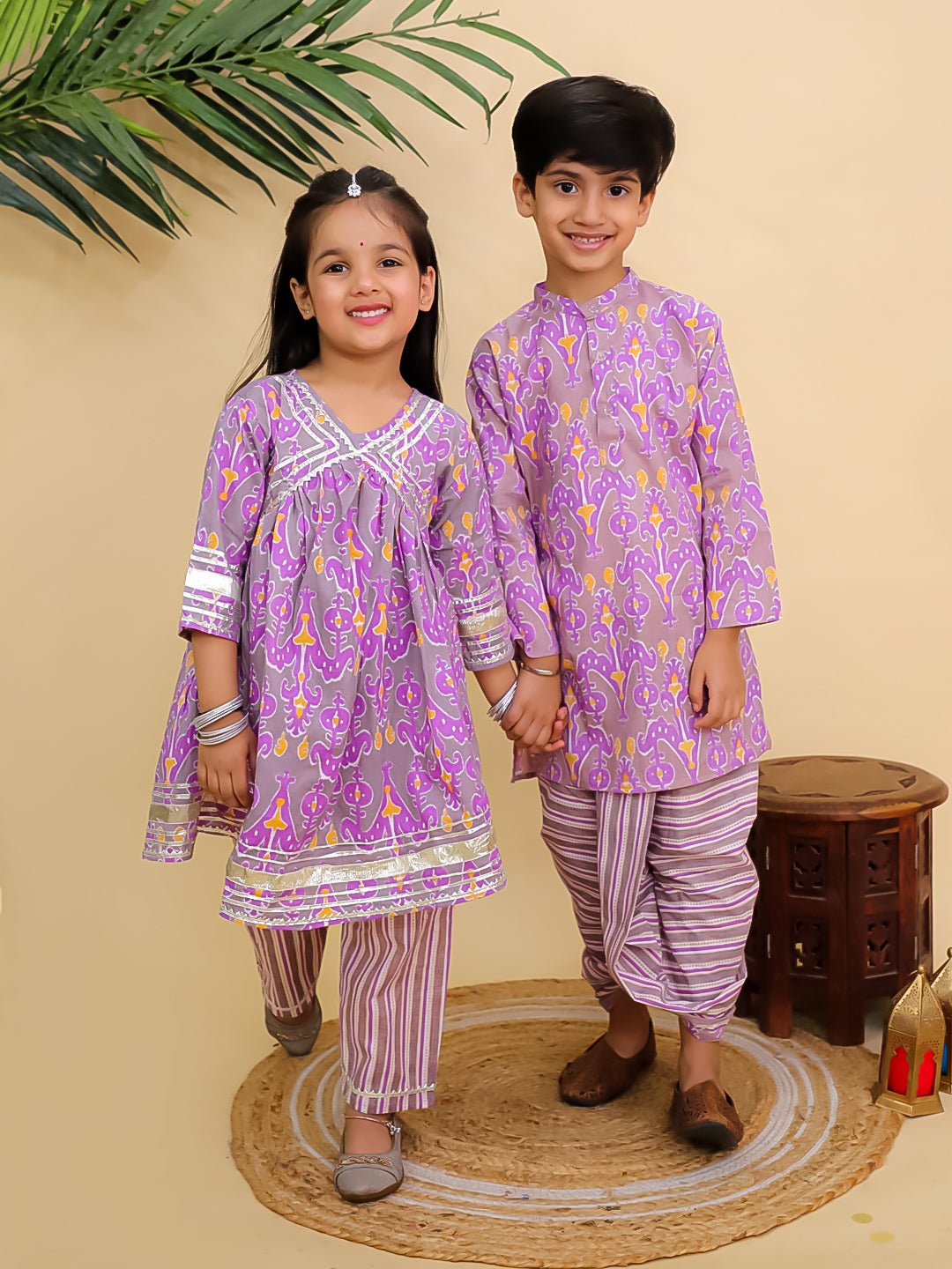 Sage Violet Girls Anarkali Kurta And Boys Dhoti Kurta Twinning Combo Of 2