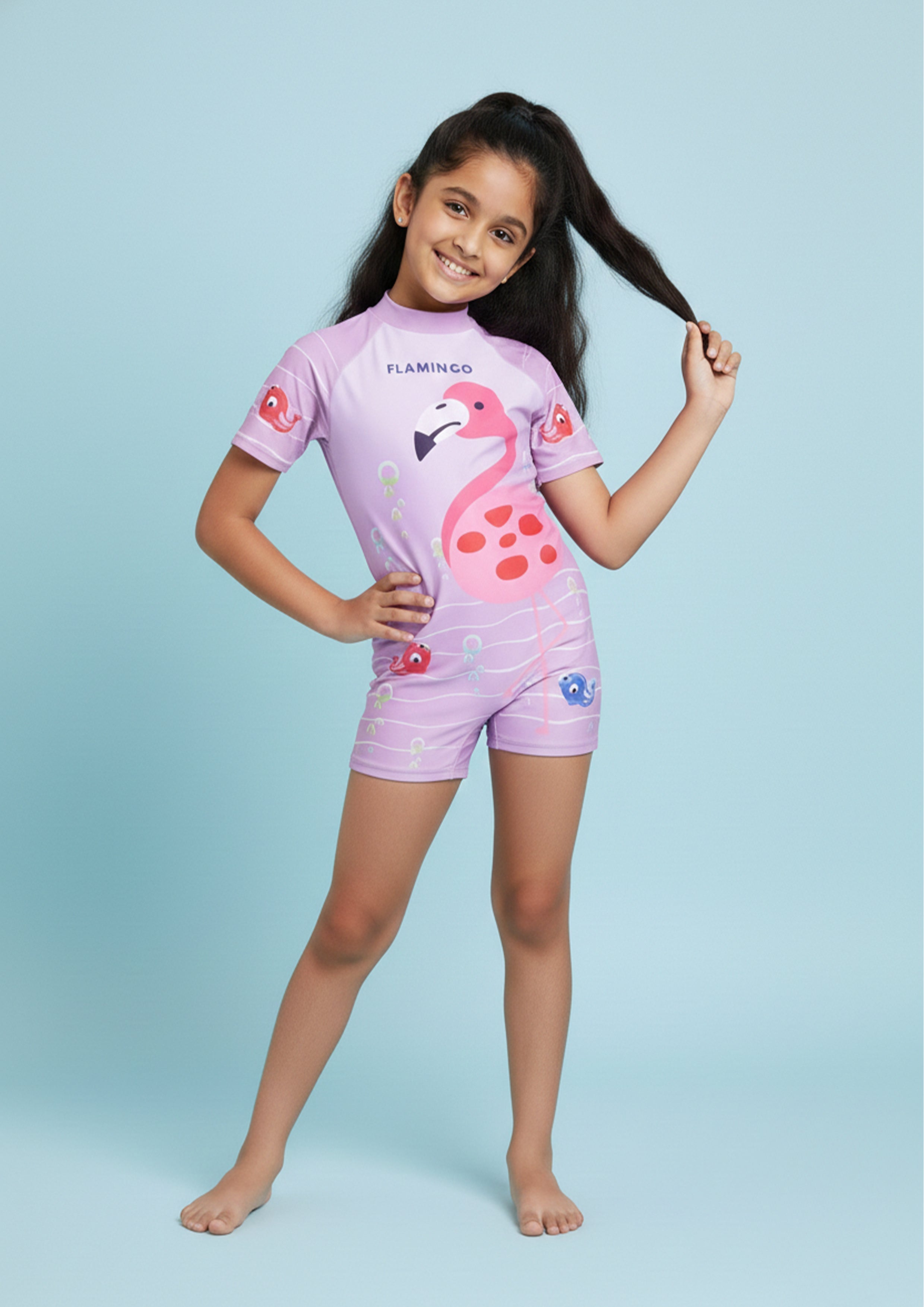 Flamingo Fandango Girls Bodysuit Swimsuit With Matching Cap