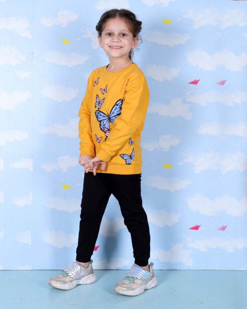  Yellow Flutter Your Wings Butterfly Print Sweatshirt For Girls