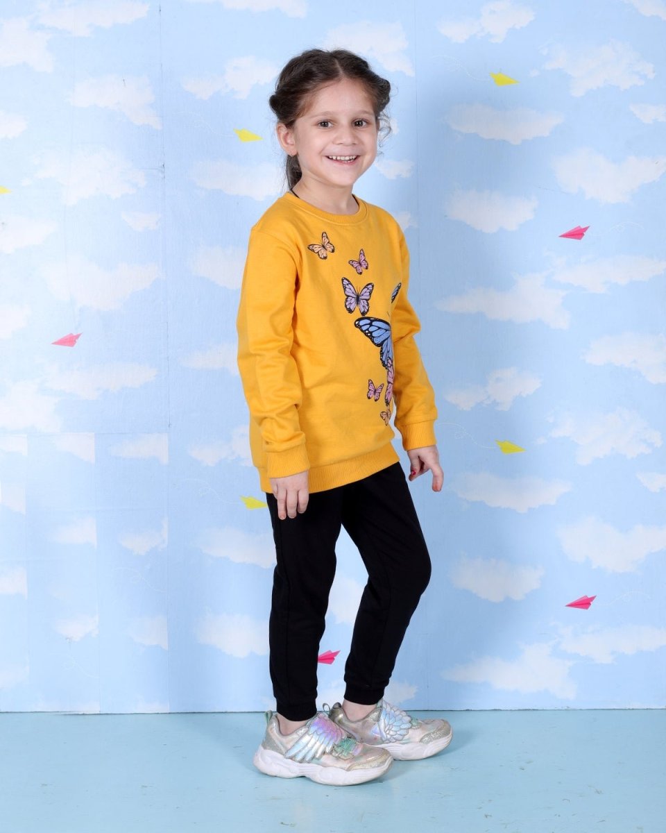  Yellow Flutter Your Wings Butterfly Print Sweatshirt For Girls