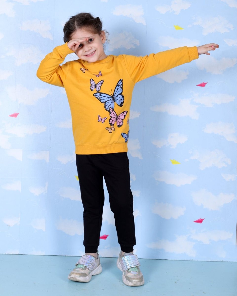  Yellow Flutter Your Wings Butterfly Print Sweatshirt For Girls