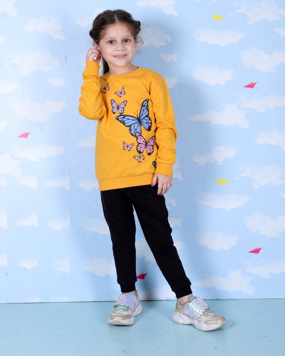  Yellow Flutter Your Wings Butterfly Print Sweatshirt For Girls