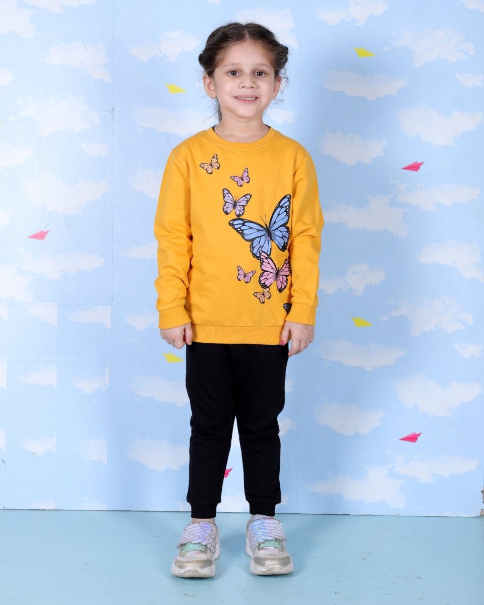  Yellow Flutter Your Wings Butterfly Print Sweatshirt For Girls