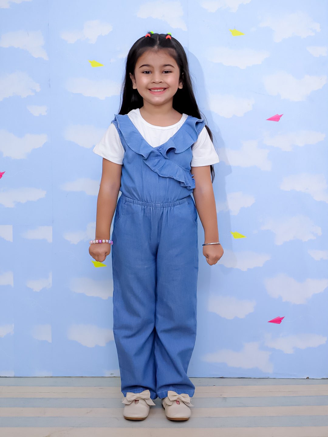 Light Wash Frilled Girls Jumpsuit