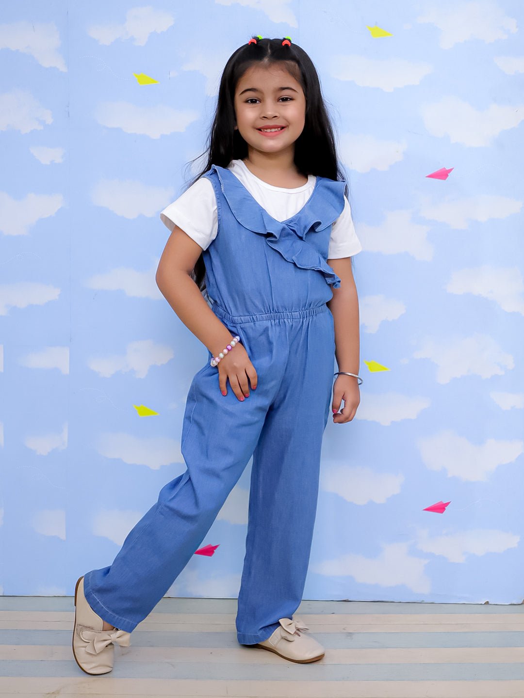 Light Wash Frilled Girls Jumpsuit