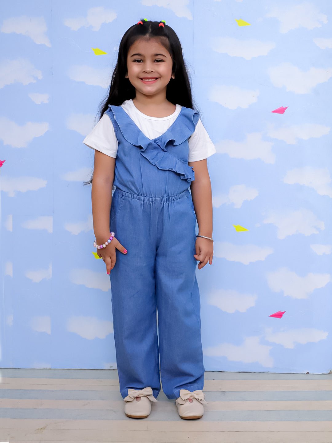Light Wash Frilled Girls Jumpsuit