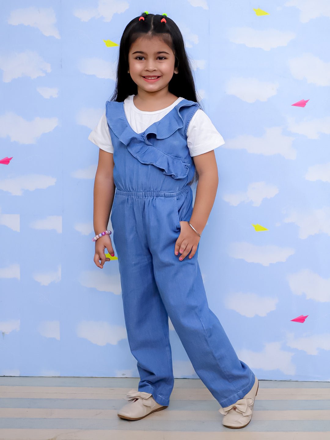 Light Wash Frilled Girls Jumpsuit