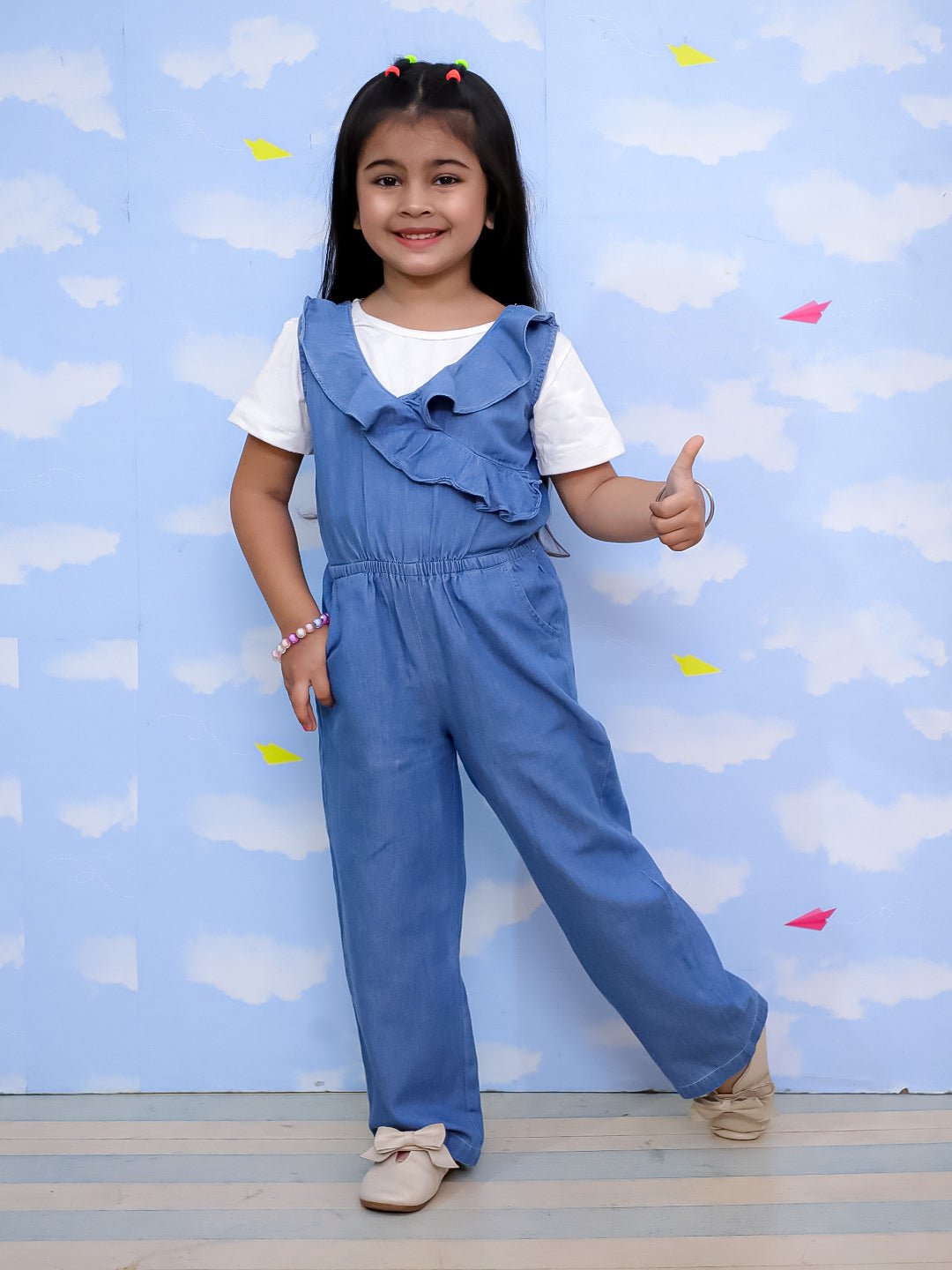 Light Wash Frilled Girls Jumpsuit