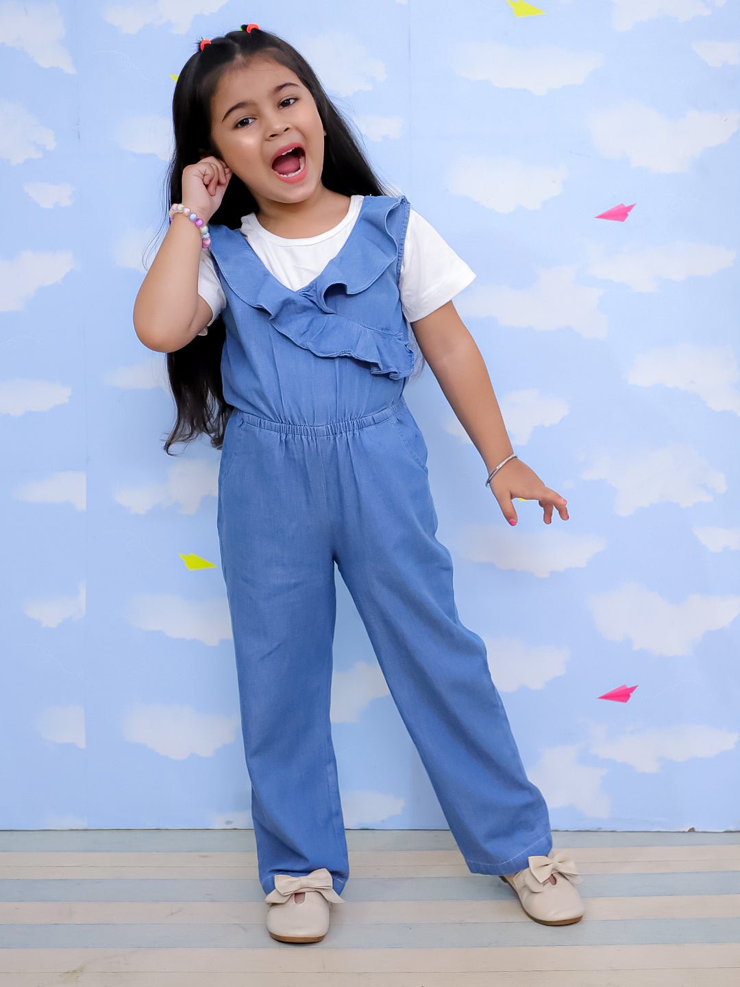 Light Wash Frilled Girls Jumpsuit