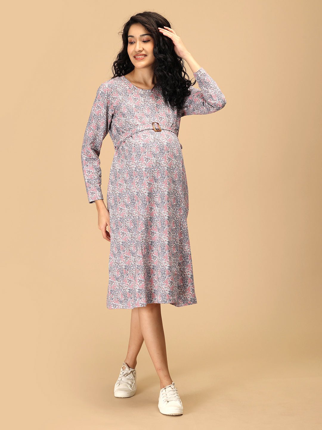  Frosted Flowers Maternity Sweater Dress Navy Blue