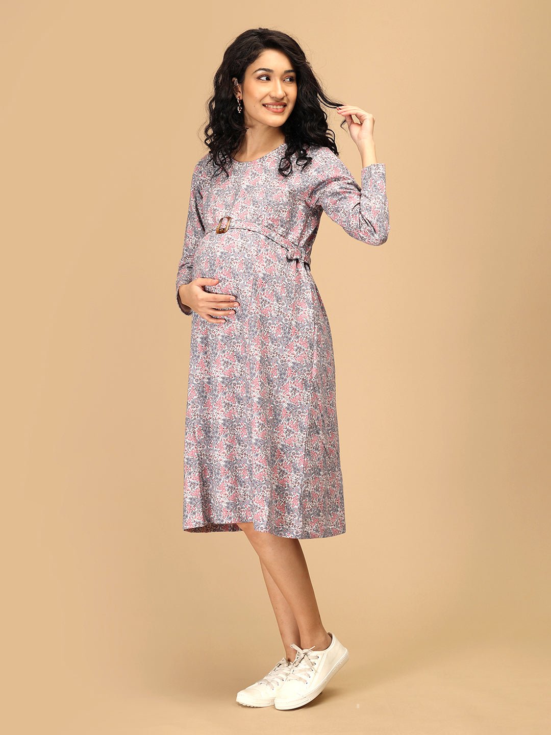  Frosted Flowers Maternity Sweater Dress Navy Blue