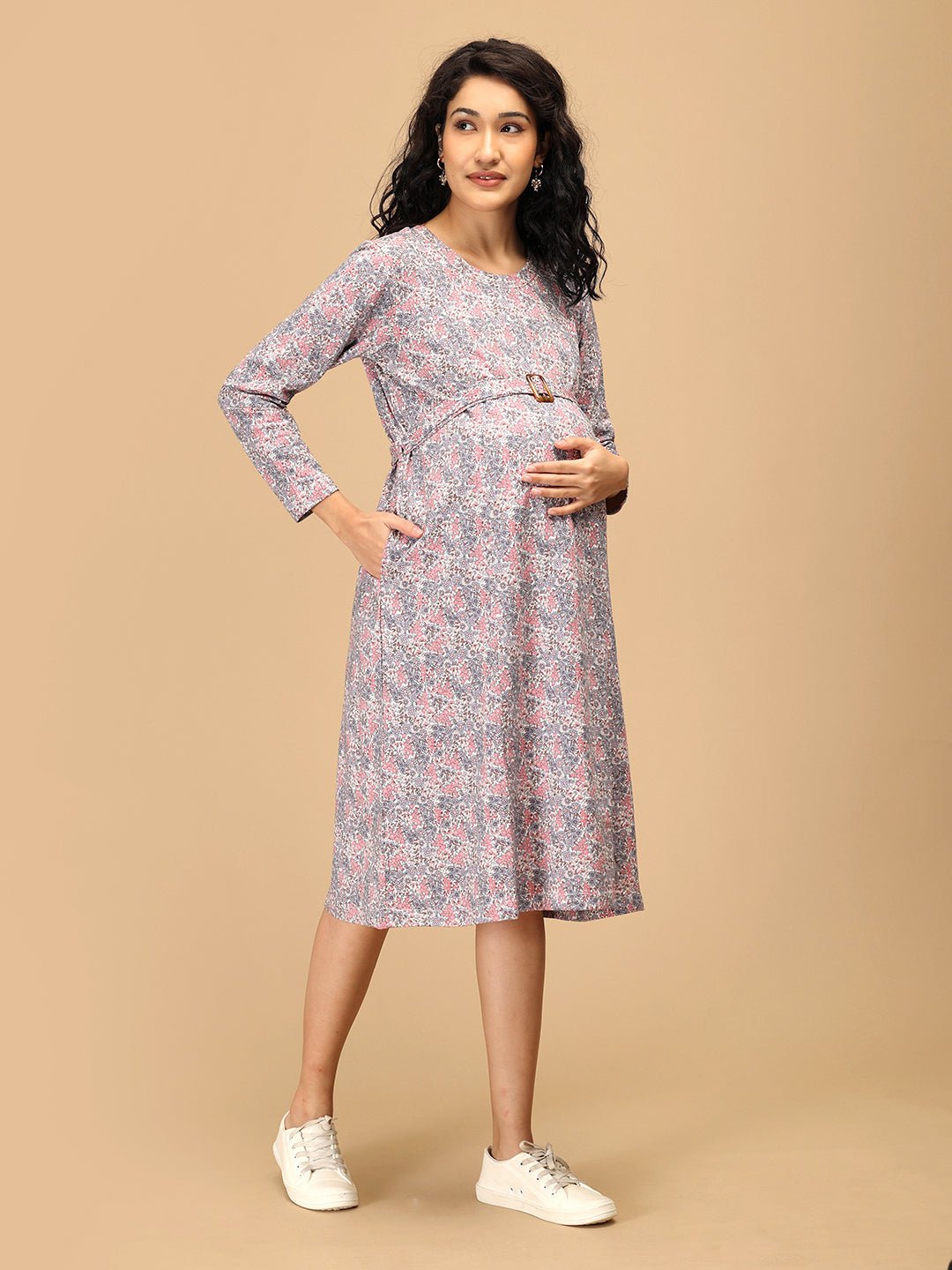  Frosted Flowers Maternity Sweater Dress Navy Blue