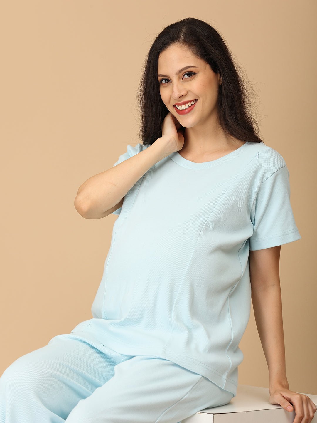 Frosted Fluff Maternity and Nursing Rib Nightwear Set Blue