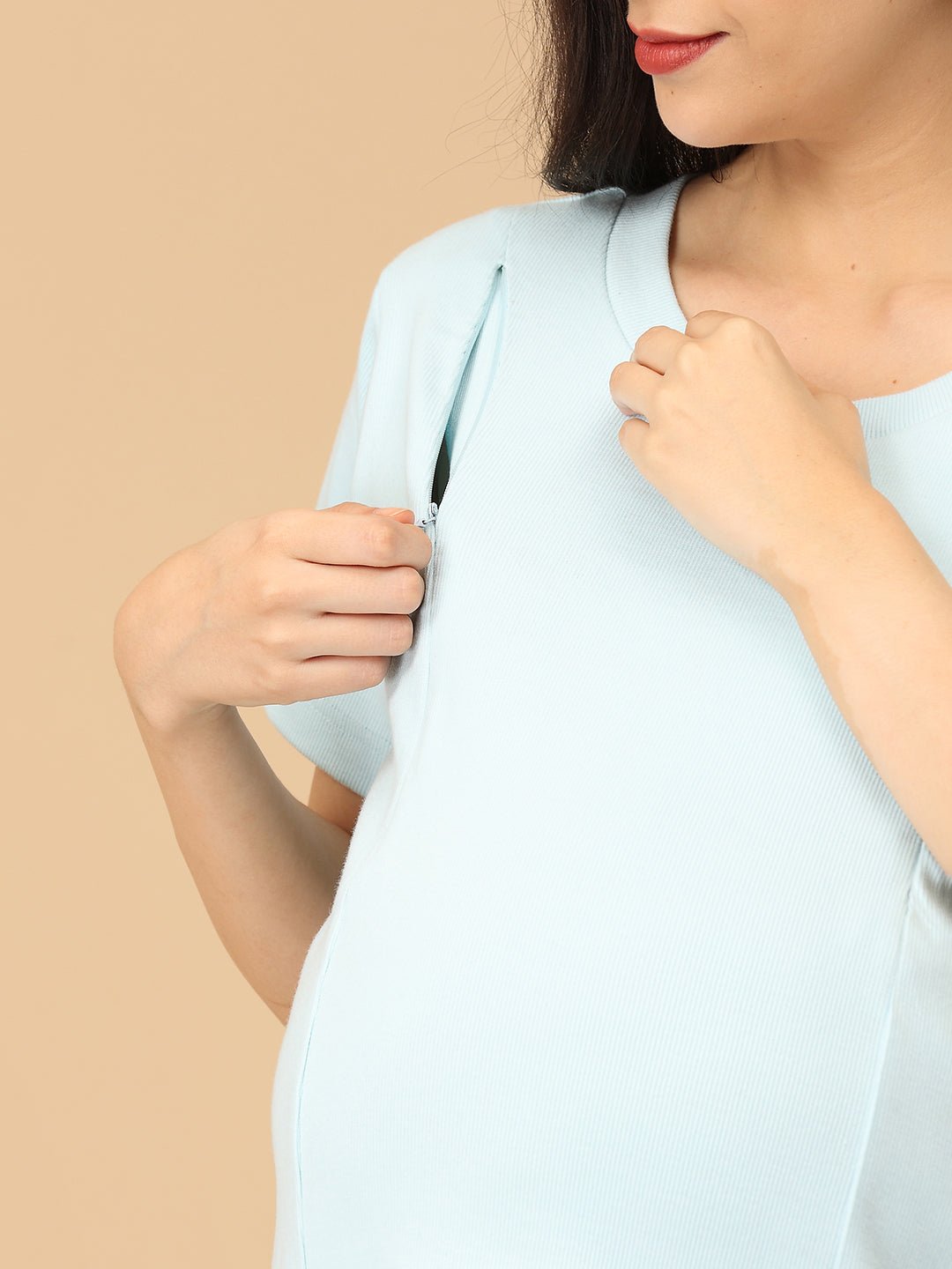  Frosted Fluff Maternity and Nursing Rib Nightwear Set Blue